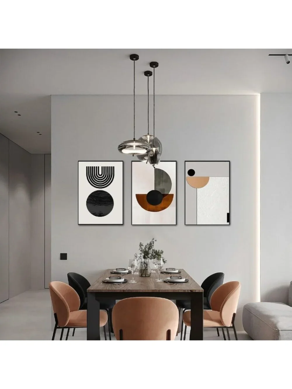Set of 3 Geometric Arch Abstract Canvas Wall Art - Black & Brown Decor